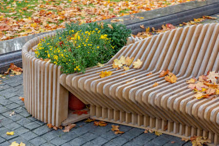 A recreation bench made of boards and wrought iron in a city park in autumnの写真素材