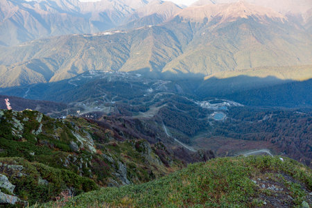 Autumn mountain landscape in the resort of Rosa Khutor in Russia