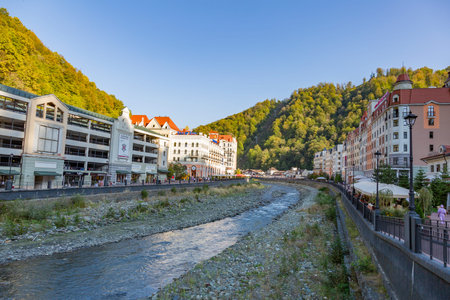 Sochi, Rosa Khutor, Russia - October 14, 2020: Authentic street architecture of a famous ski resort