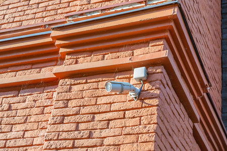 Outdoor security camera on a brick wall of an old building