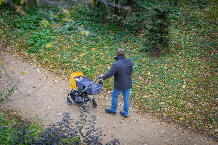 Man with a baby stroller walks through the the picturesque autumn park
