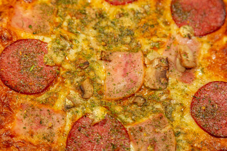 Textured surface of cheese pizza with spices. Homemade fresh baking recipeの写真素材