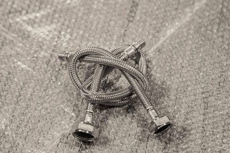 Plumbing hose in a metal braid for supplying water to the kitchen and bathroom