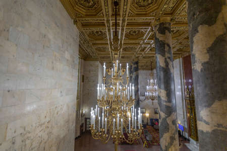 Moscow, Russia - February 13, 2021: Interior of the historic building of the Hilton Moscow Leningradskaya Hotel. Opened in 1953のeditorial素材