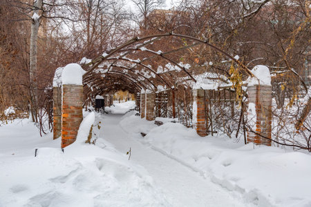 Snowbound garden house with wild grapes in a city park