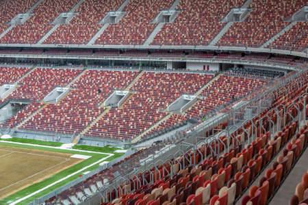 Moscow, Russia - March 14, 2021: Inside the Luzhniki soccer stadium. Rows of empty seats on the tribuneのeditorial素材