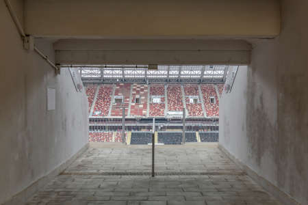 Moscow, Russia - March 14, 2021: Inside the Luzhniki soccer stadium. Rows of empty seats on the tribuneのeditorial素材