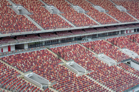 Moscow, Russia - March 14, 2021: Inside the Luzhniki soccer stadium. Rows of empty seats on the...