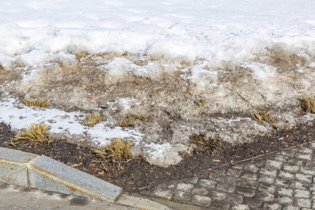 Textured surface of dirty melting snow with ground and soilの写真素材