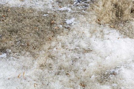 Textured surface of dirty melting snow with ground and soilの写真素材