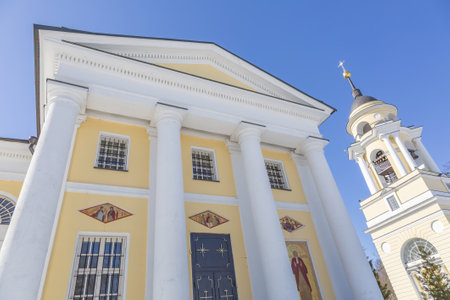 Nikolo-Prozorovo, Russia - March 28, 2021: Exterior of the Cathedral of St. Nicholas the Wonderworker. Built in 1792. Monument of history and cultureのeditorial素材