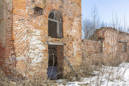 Marfino, Russian Federation - March 28, 2021: Abandoned historic stone building of the Equestrian...