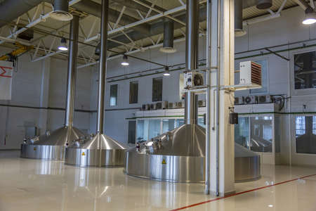 Mytishchi, Russia - April 4, 2021: Technological equipment, industrial tools and machinery for the production of beer in Moscow Brewing Company plantのeditorial素材