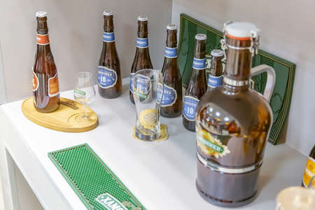 Mytishchi, Russia - April 4, 2021: Plant of the Moscow Brewing Company. Room for presentations and tastings of new types of beer. Inscription in Russianのeditorial素材