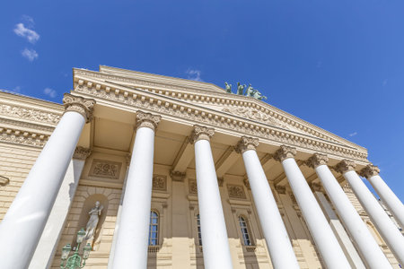 Moscow, Russia - April 10, 2021: Exterior of the historic building of the Bolshoi Theater. Founded...