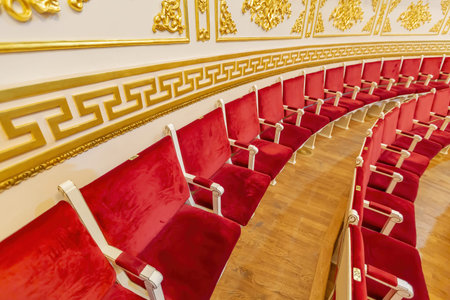 Moscow, Russia - April 10, 2021: Interior of the historic performance hall of the State Academic...
