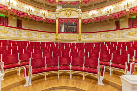 Moscow, Russia - April 10, 2021: Interior of the historic performance hall of the State Academic Maly Theater. Opened in 1824のeditorial素材