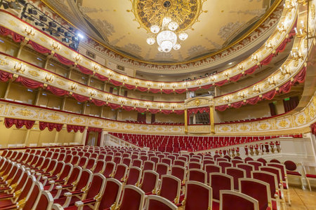 Moscow, Russia - April 10, 2021: Interior of the historic performance hall of the State Academic Maly Theater. Opened in 1824のeditorial素材