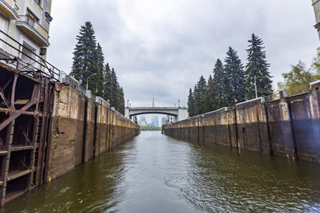 Moscow, Russia - May 8, 2021: Gateway on the Moskva River for adjusting the water level in the...