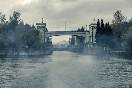 Moscow, Russia - May 8, 2021: Gateway on the Moskva River for adjusting the water level in the...
