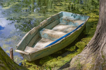 Old abandoned iron boat near a duckweed pond in the daytimeの写真素材