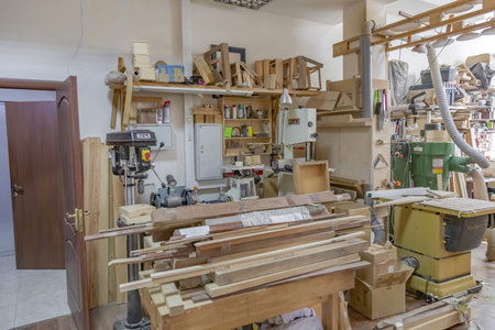 Moscow, Russia - May 27, 2021: Empty workshop of the Rubankov joinery. Workplaces and workbenches...
