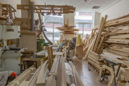 Moscow, Russia - May 27, 2021: Empty workshop of the Rubankov joinery. Workplaces and workbenches for the production of precious wood productsのeditorial素材