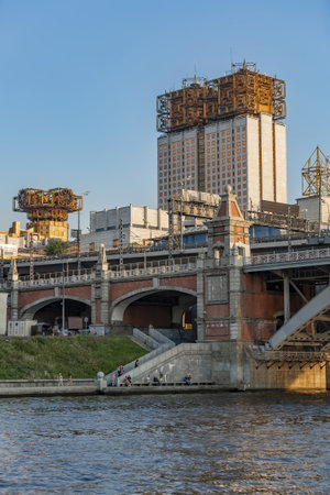 Moscow, Russia - July 13, 2021: The white building of the Russian Academy of Sciences on the bank of the Moskva River. Soviet modernismのeditorial素材
