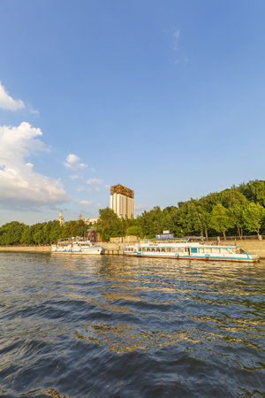 Moscow, Russia - July 13, 2021: The white building of the Russian Academy of Sciences on the bank of the Moskva River. Soviet modernismのeditorial素材