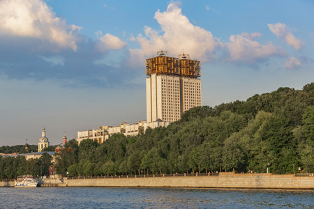 Moscow, Russia - July 13, 2021: The white building of the Russian Academy of Sciences on the bank of the Moskva River. Soviet modernismのeditorial素材
