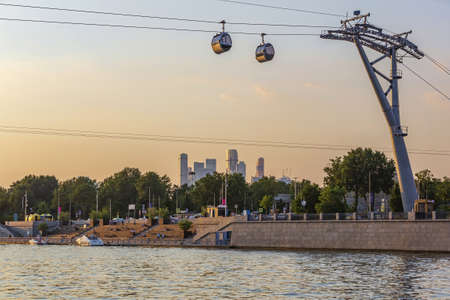 Moscow, Russia - July 13, 2021: Cabins of the first city cable car connecting the two banks of the Moskva River. The route is 720 meters longのeditorial素材
