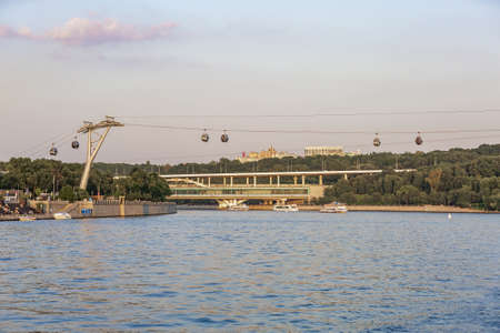 Moscow, Russia - July 13, 2021: Cabins of the first city cable car connecting the two banks of the Moskva River. The route is 720 meters longのeditorial素材