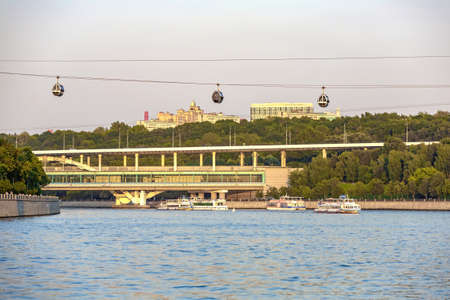 Moscow, Russia - July 13, 2021: Cabins of the first city cable car connecting the two banks of the Moskva River. The route is 720 meters longのeditorial素材