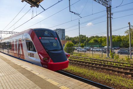 Moscow region, Russia - July 11, 2021: High-speed passenger electric train arrives at Pavshino...