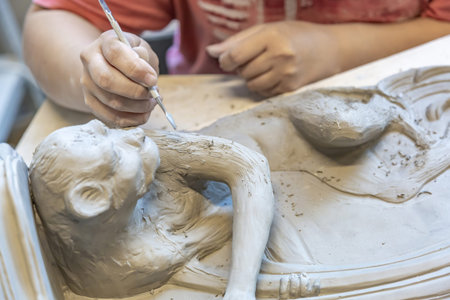 Konakovo, Russia - July 24, 2021: Inside the Konakovsky Faience Company production workshop. All...