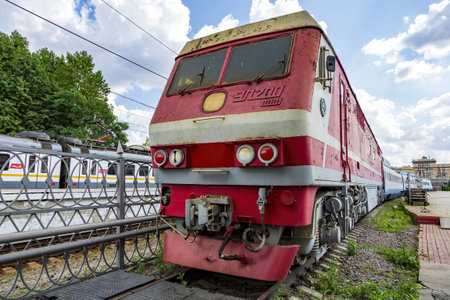 Moscow, Russia - August 14, 2021: Rare Soviet retro electric locomotive. Exposition area of RZD...