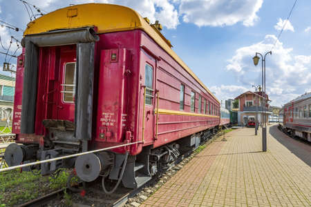 Moscow, Russia - August 14, 2021: Rare Soviet retro railroad car. Exposition area of RZD railway vehicles at Rizhskaya stationのeditorial素材