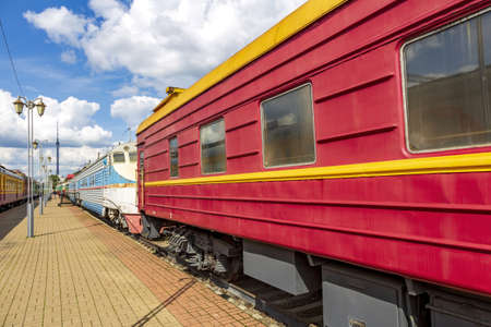 Moscow, Russia - August 14, 2021: Rare Soviet retro railroad car. Exposition area of RZD railway vehicles at Rizhskaya stationのeditorial素材