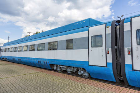 Moscow, Russia - August 14, 2021: Rare Soviet retro railroad car. Exposition area of RZD railway vehicles at Rizhskaya stationのeditorial素材
