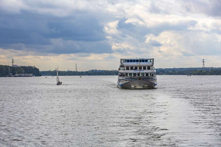 Moscow region, Russia - September 10, 2021: White four-deck ship Mikhail Bulgakov on a river cruise. Built in Germany in 1979のeditorial素材