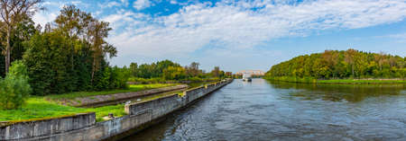 Moscow region, Russia - September 10, 2021: White four-deck ship Mikhail Bulgakov on a river cruise. Built in Germany in 1979のeditorial素材