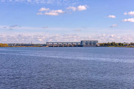 Uglich, Russia - September 11, 2021: Hydroelectric power station on the Volga river in Yaroslavl region on a sunny day. Launched in 1940. Cultural heritage siteのeditorial素材