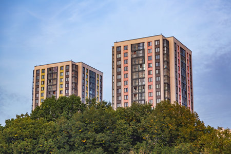 Moscow region - September 12, 2021: Modern high-rise residential building in the vicinity of the capital cityのeditorial素材