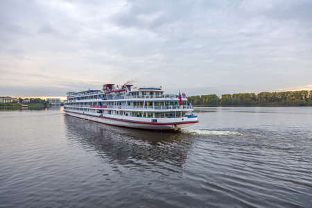 Uglich, Russia - September 11, 2021: White four-deck ship Georgy Zhukov on a river cruise. Built in Czechoslovakia in 1982のeditorial素材