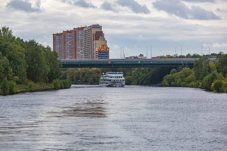 Moscow region, Russia - September 10, 2021: White four-deck ship Mikhail Bulgakov on a river cruise....