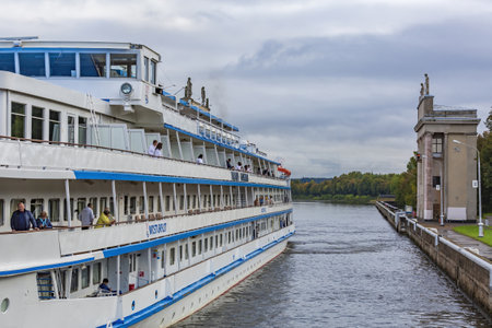 Moscow region, Russia - September 10, 2021: White four-deck ship Mikhail Bulgakov on a river cruise. Built in Germany in 1979のeditorial素材