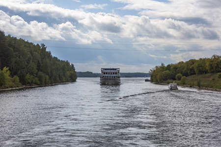 Moscow region, Russia - September 10, 2021: White four-deck ship Mikhail Bulgakov on a river cruise. Built in Germany in 1979のeditorial素材