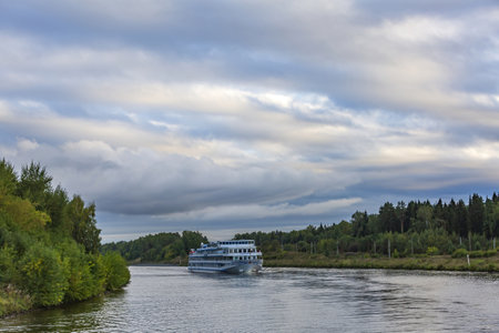 Moscow region, Russia - September 10, 2021: White four-deck ship Mikhail Bulgakov on a river cruise. Built in Germany in 1979のeditorial素材