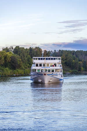 Moscow region, Russia - September 10, 2021: White four-deck ship Mikhail Bulgakov on a river cruise. Built in Germany in 1979のeditorial素材