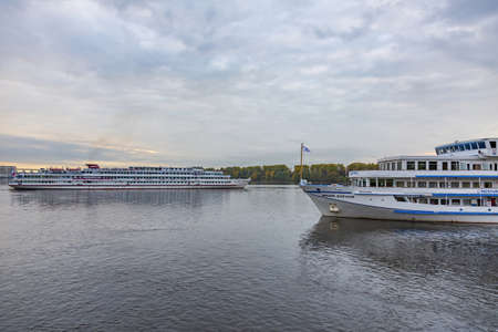 Moscow region, Russia - September 10, 2021: White four-deck ship Mikhail Bulgakov on a river cruise. Built in Germany in 1979のeditorial素材